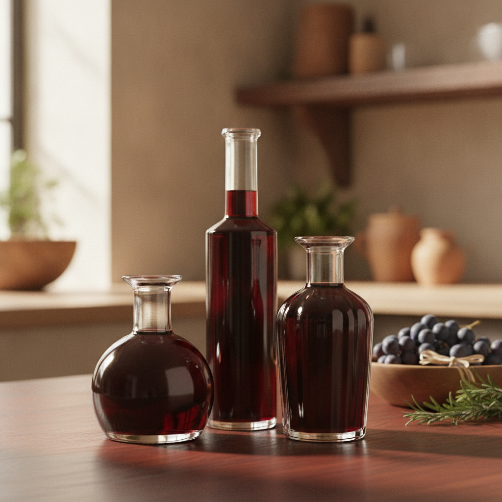 Garrafas elegantes de vinagre de vinho tinto dispostas sobre uma mesa de madeira escura em um ambiente de cozinha rústica, destacando a cor rica do vinagre.