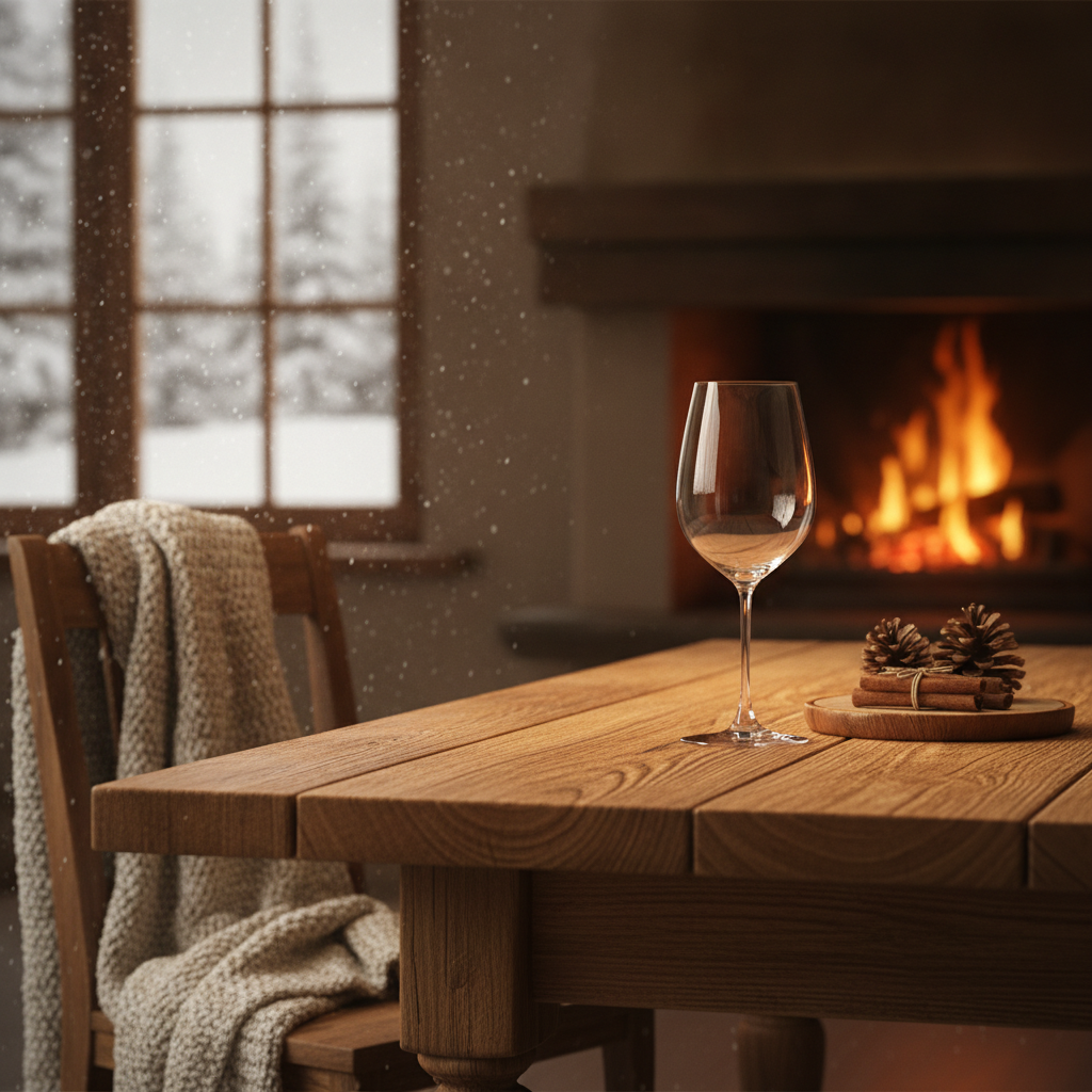 Ambiente aconchegante de inverno com taça de vinho em mesa rústica e lareira ao fundo, transmitindo calor e conforto.