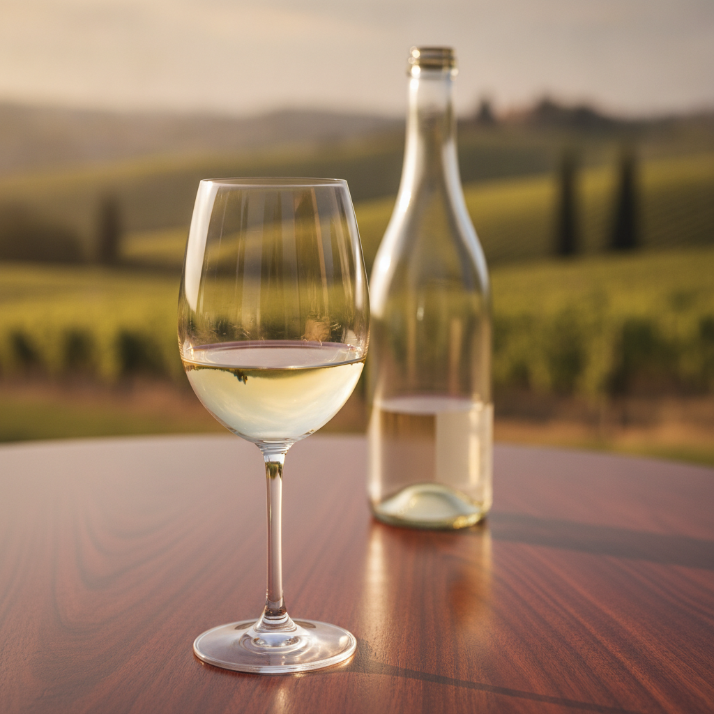 Taça de vinho branco de cristal com vinho pálido, sobre mesa de madeira, com garrafa e vinhedo desfocado ao fundo.
