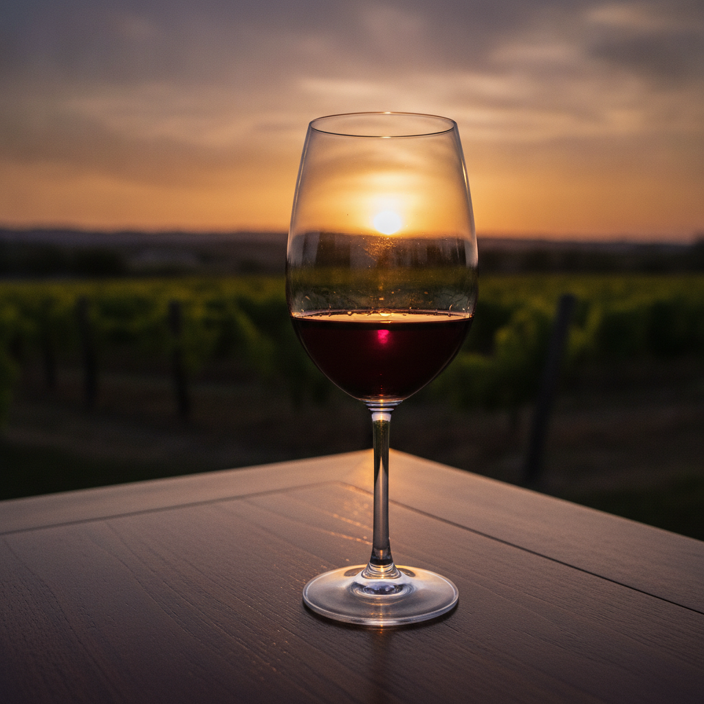 Taça de vinho tinto seco em uma mesa de madeira escura com vinhedos ao fundo, sob luz natural.