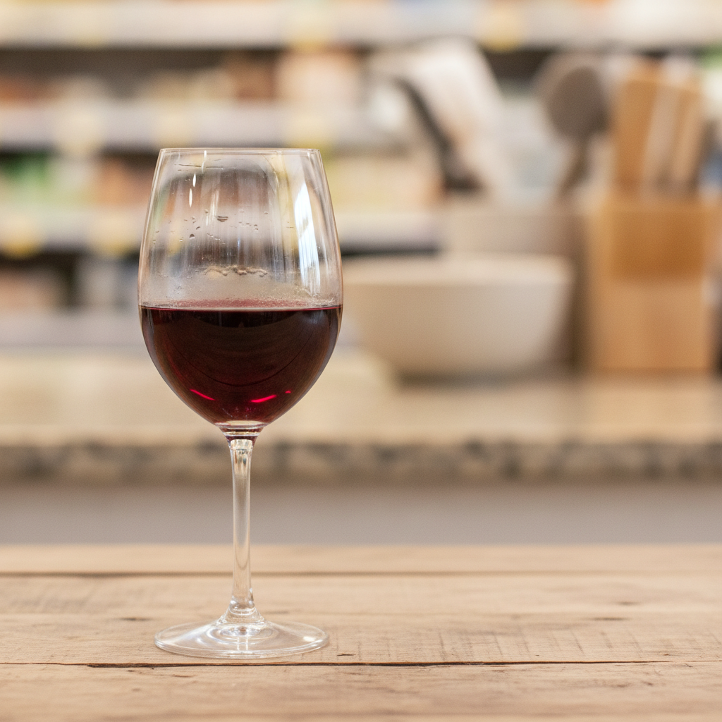 Taça de vinho tinto suave em uma mesa de madeira, com fundo desfocado de supermercado, transmitindo acessibilidade e conforto.