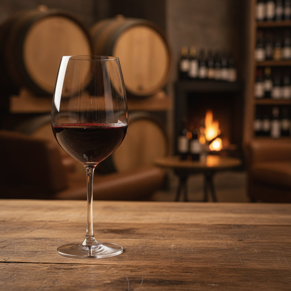 Uma taça de vinho tinto repousando sobre uma mesa de madeira rústica, com um fundo desfocado de uma adega acolhedora e barris de carvalho.
