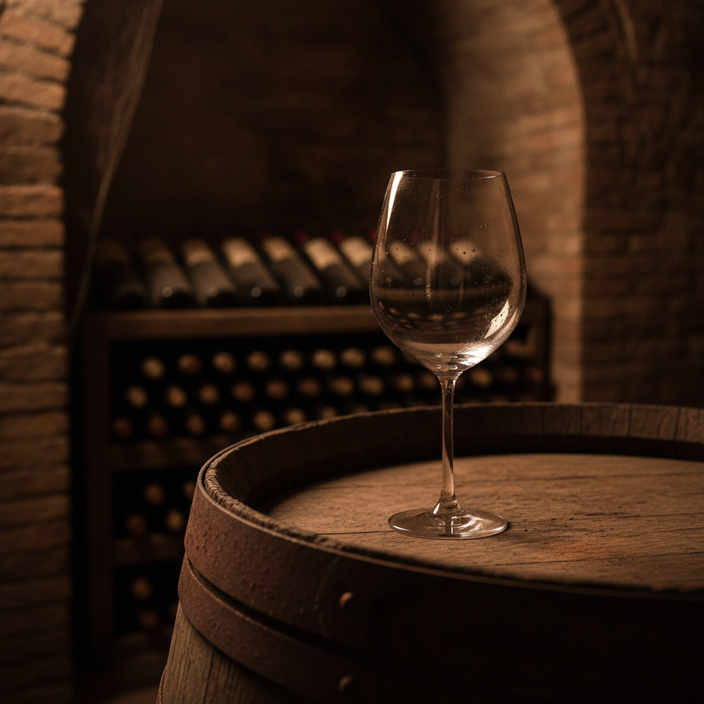 Barrica de carvalho em adega italiana com taça de vinho, simbolizando a tradição dos vinhos tintos da Itália.