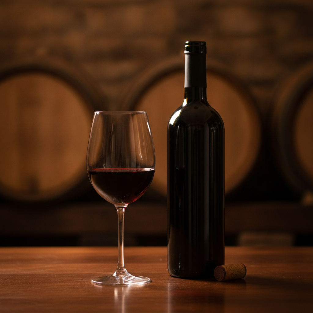 Taça de vinho tinto e garrafa premium sobre mesa de madeira, com fundo desfocado de adega e barris de carvalho, transmitindo sofisticação e convite.