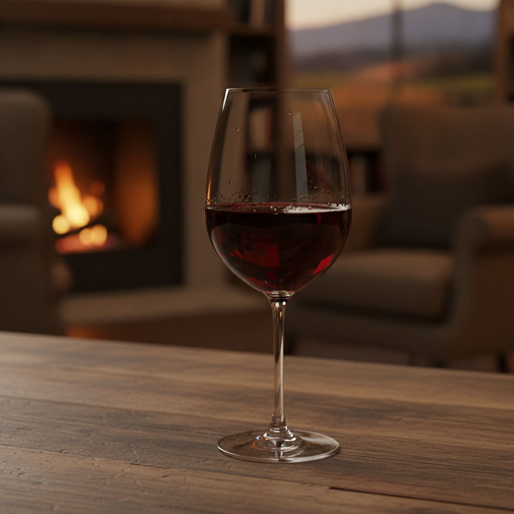 Taça de vinho tinto suave sobre mesa de madeira rústica, com luz ambiente acolhedora