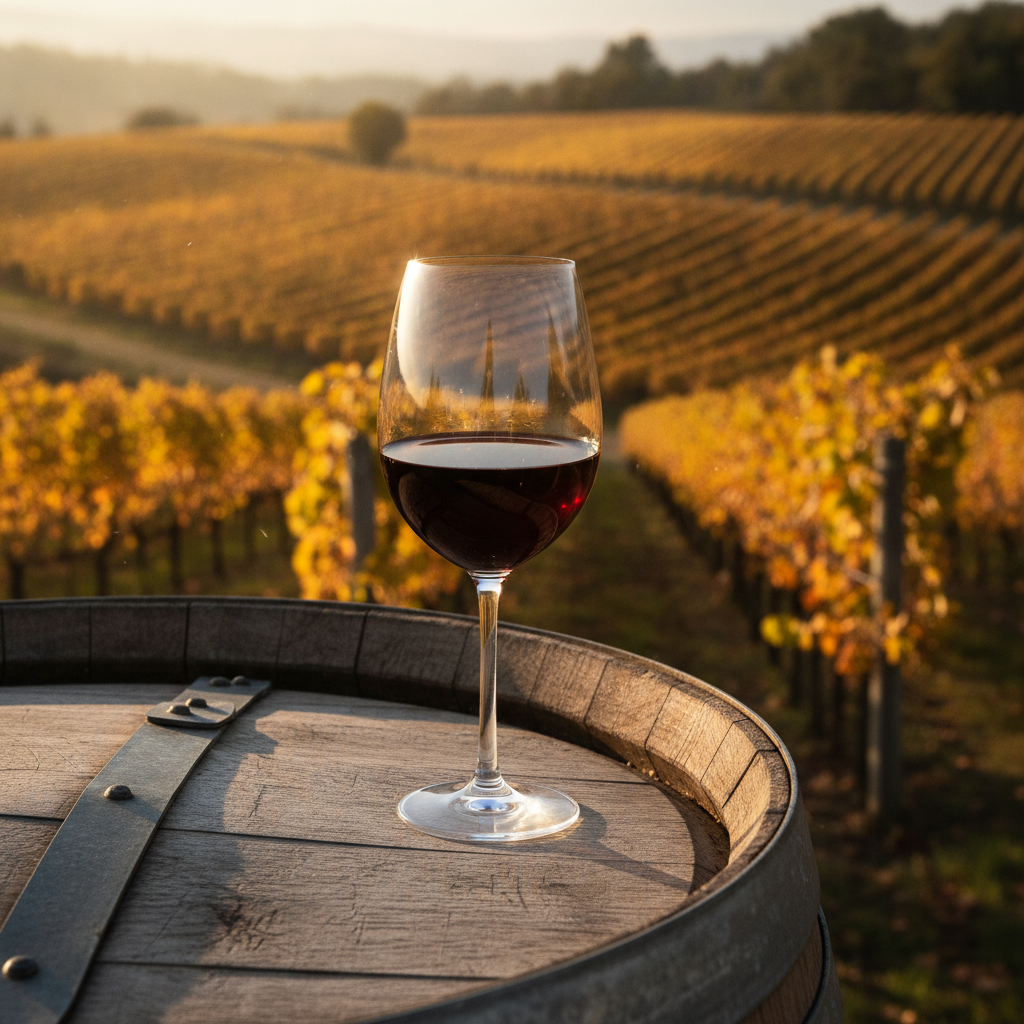Taça elegante de vinho Merlot em um barril de carvalho, com um vinhedo iluminado pelo pôr do sol ao fundo.