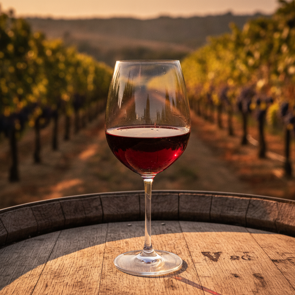 Taça de vinho tinto seco sobre mesa de madeira rústica em vinhedo ensolarado, ilustrando a origem e o estilo do vinho.