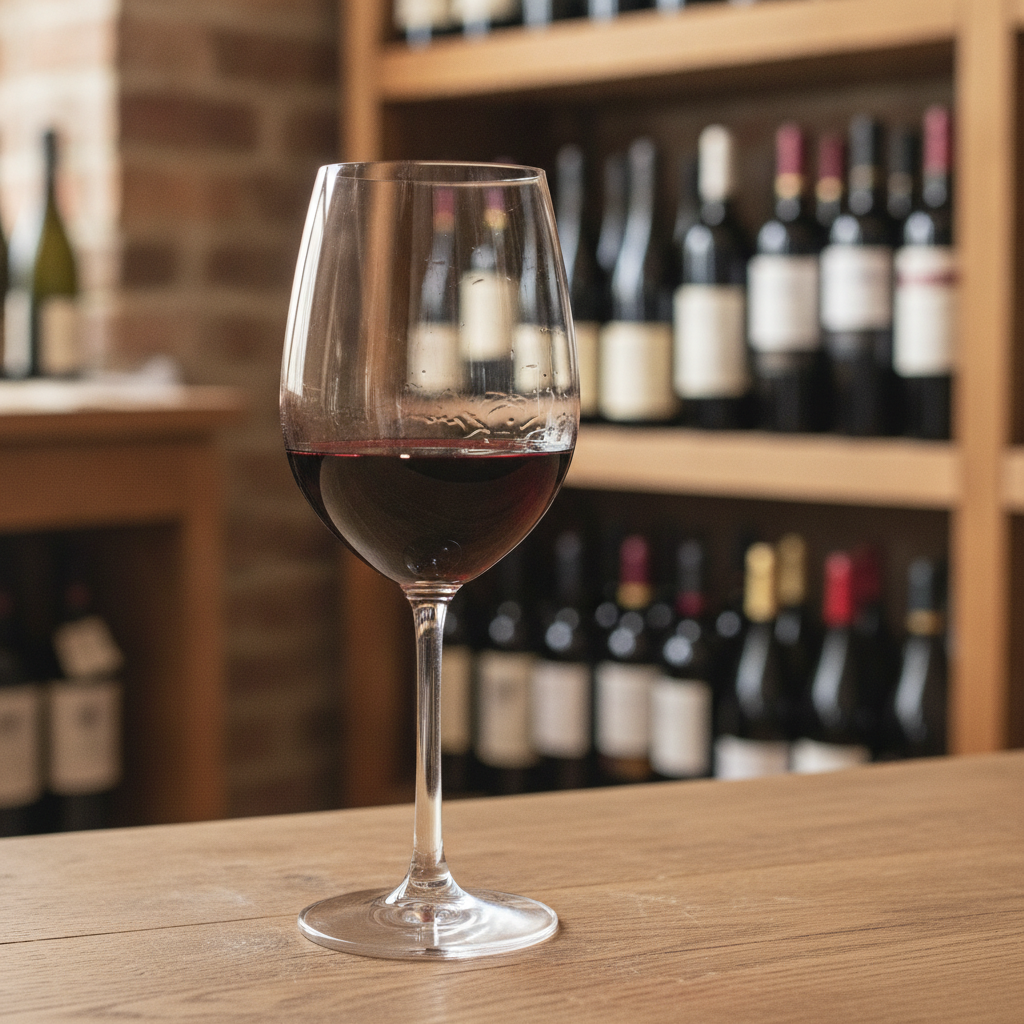 Taça de vinho tinto seco em uma mesa de madeira, com prateleiras de garrafas de vinho desfocadas ao fundo, em um ambiente que remete a uma adega ou loja de vinhos.