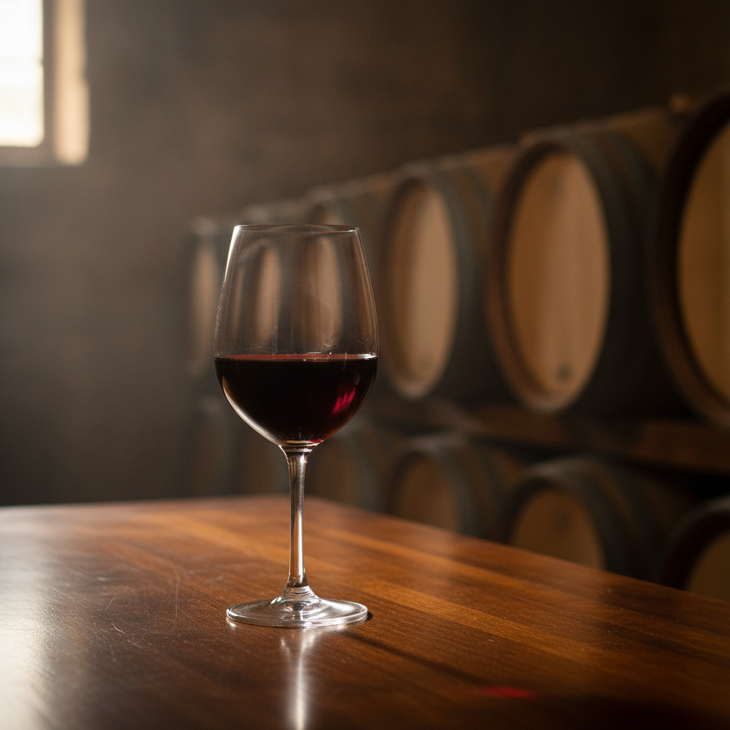 Taça de vinho tinto em ambiente de adega com barris de carvalho ao fundo.