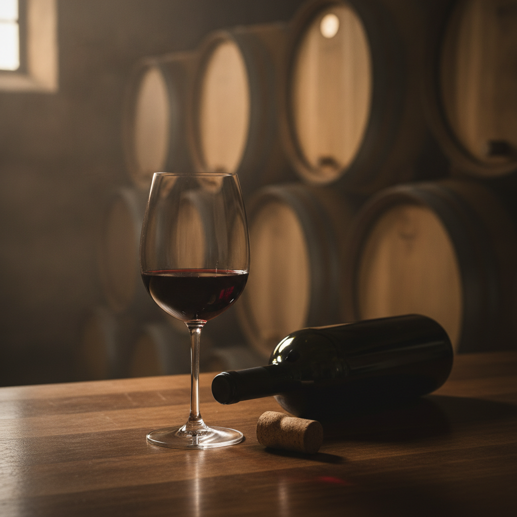 Taça de vinho tinto em primeiro plano com garrafa e rolha, e barris de carvalho desfocados ao fundo em uma adega escura.