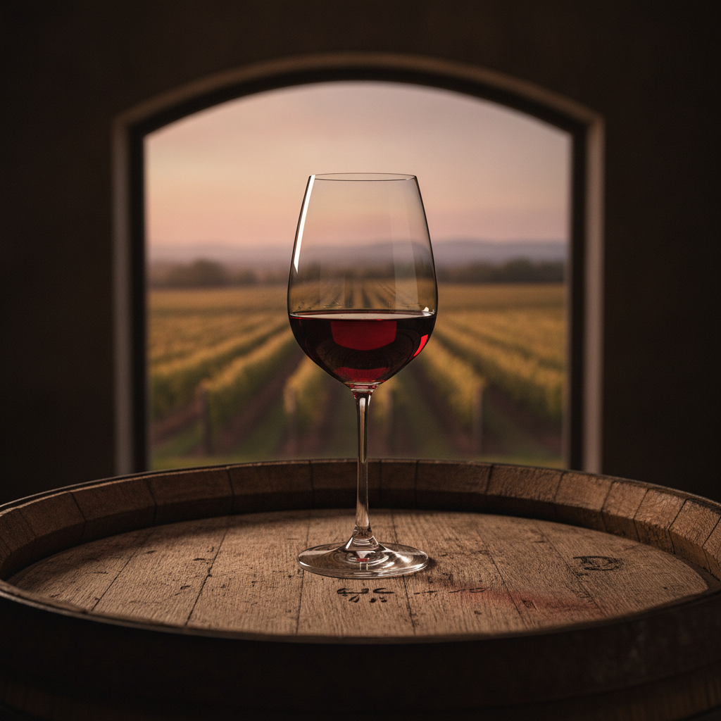 Taça elegante de vinho tinto Pinot Noir repousando sobre um barril de carvalho em uma adega rústica, com um vinhedo ensolarado desfocado ao fundo.