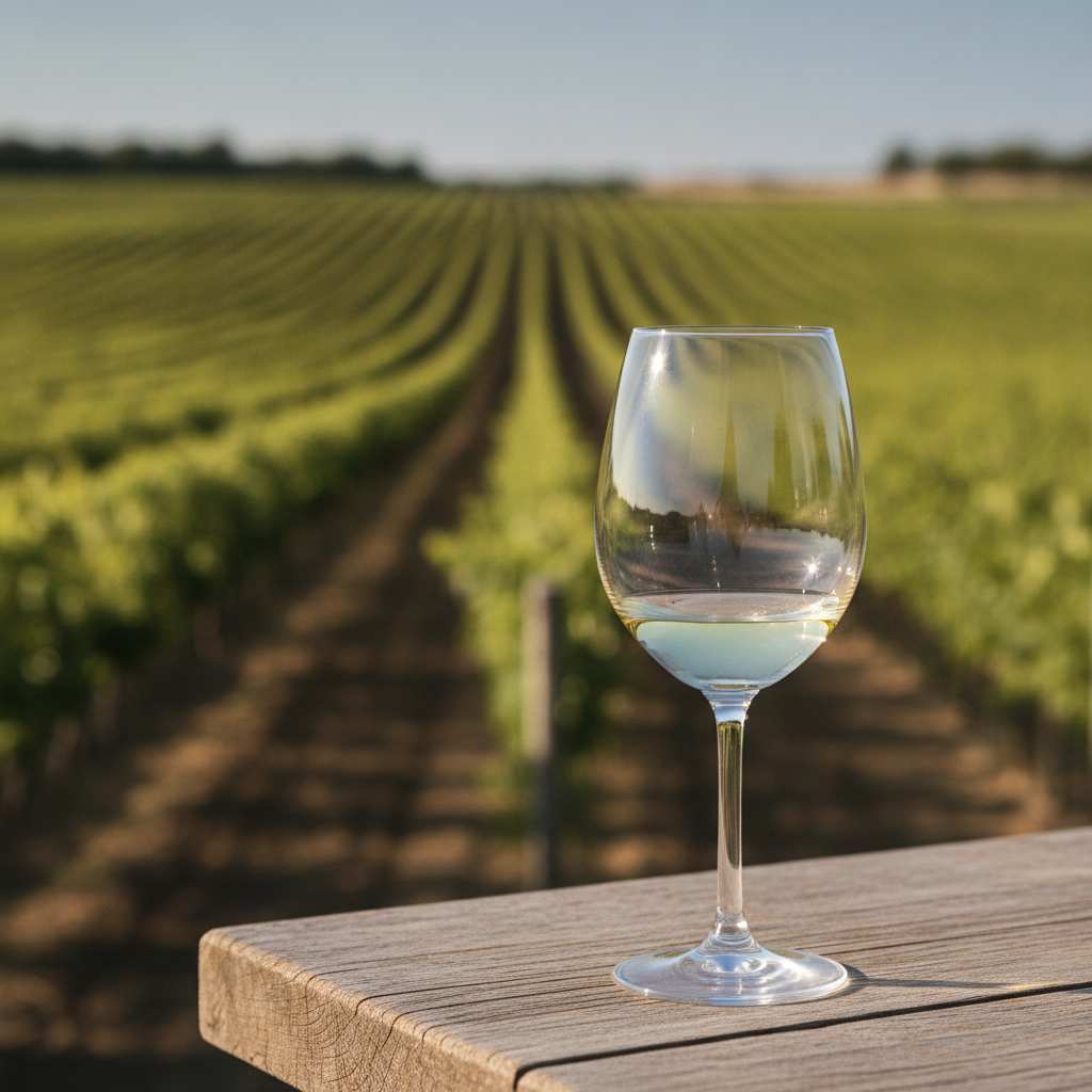 Uma taça de vinho branco vazia e elegante sobre uma mesa de madeira rústica, com um vinhedo ensolarado e vibrante ao fundo, evocando a beleza e a tranquilidade da degustação.