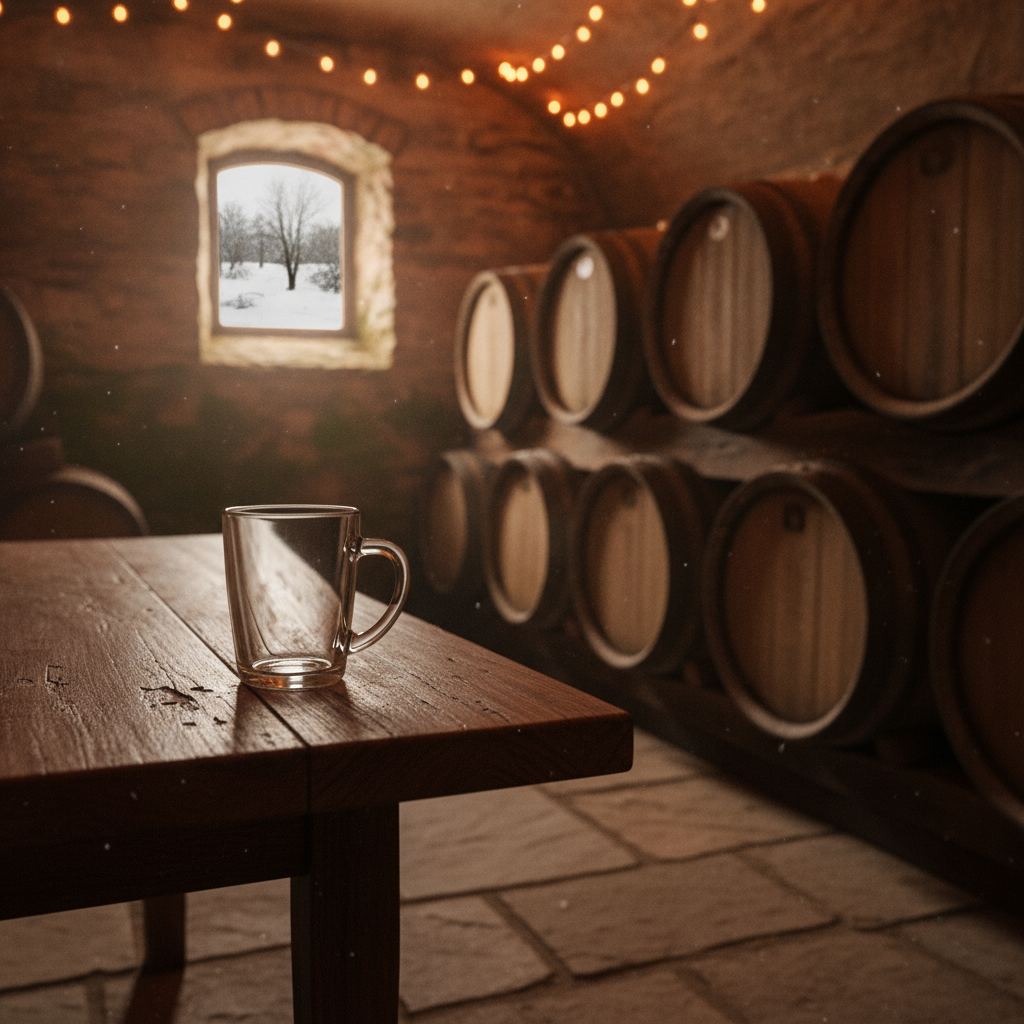 Copo de vidro vazio sobre uma mesa de madeira rústica, com barris de vinho ao fundo em uma adega aconchegante de inverno.