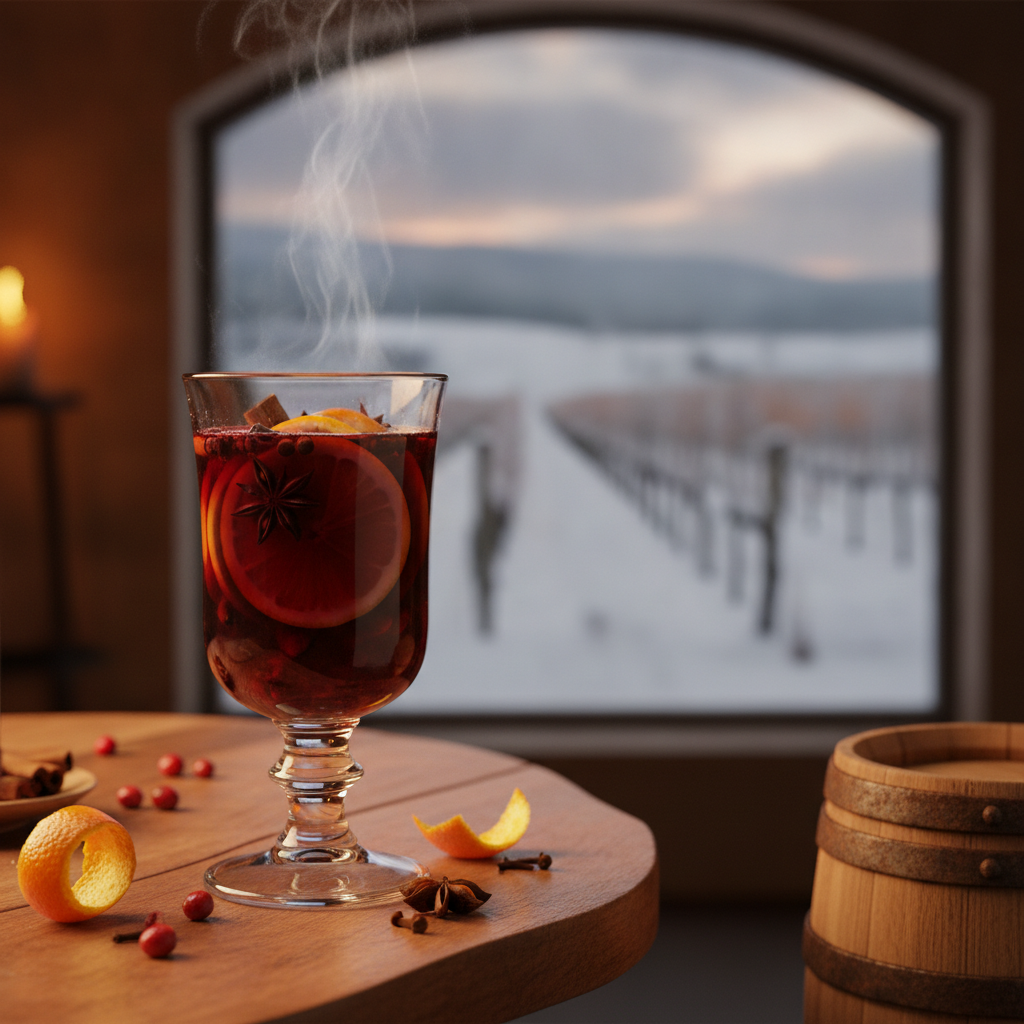 Vinho quente fumegante em taça de vidro sobre mesa de madeira rústica, com cenário de inverno e vinhedo nevado ao fundo e um barril de vinho.