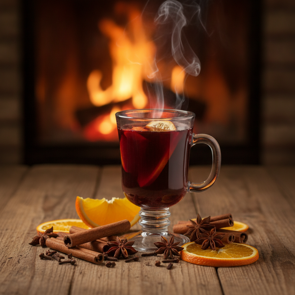 Taça de vinho tinto quente com especiarias (canela, anis estrelado, laranja) em uma mesa de madeira rústica, com uma lareira acesa ao fundo. Ambiente aconchegante de inverno.