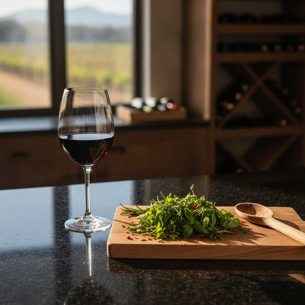 Taça de vinho seco tinto em uma bancada de cozinha elegante com ervas frescas e utensílios, simbolizando a sofisticação da culinária com vinho.