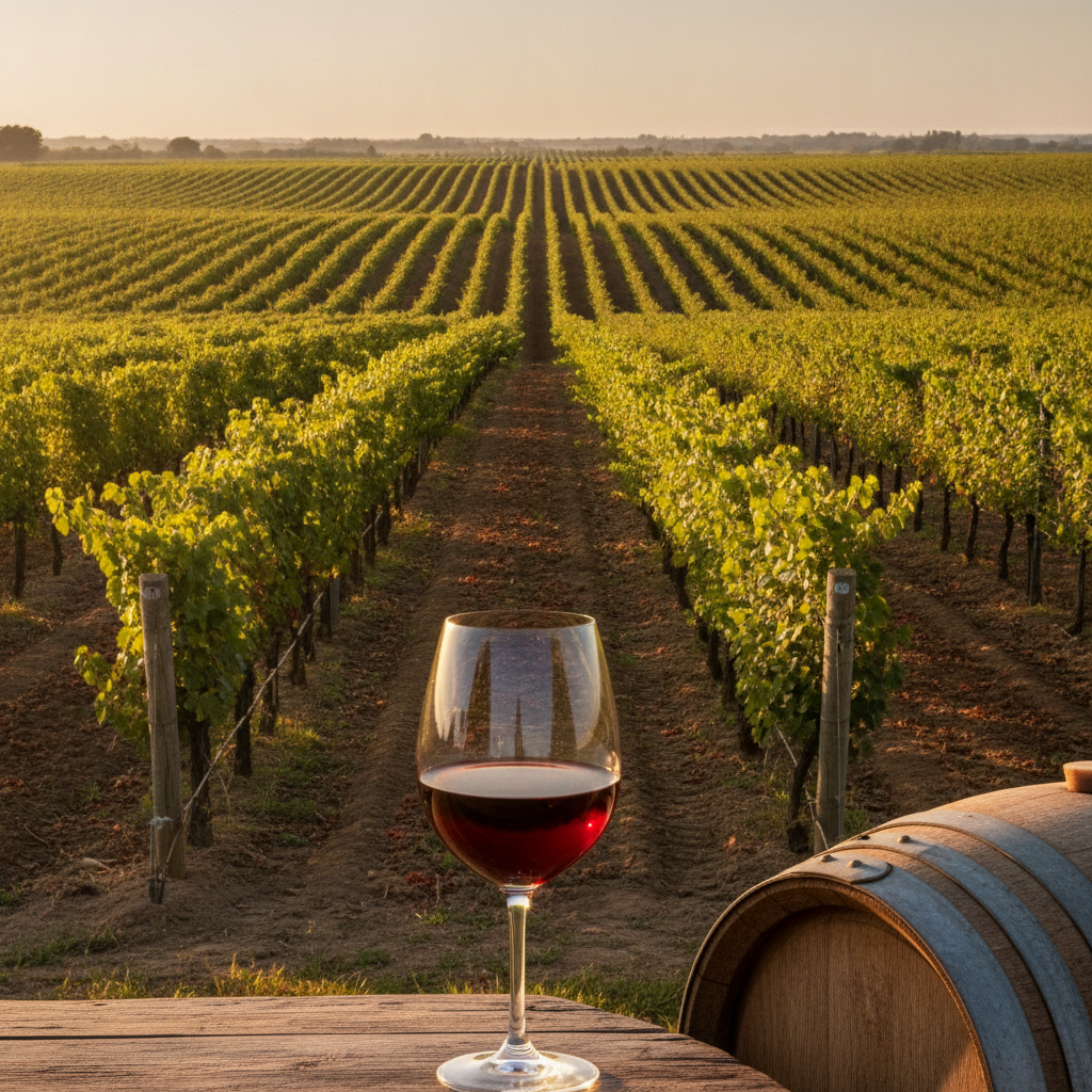 Vinhedo exuberante ao pôr do sol com taça de vinho tinto e barril, simbolizando as famosas regiões vinícolas de tinto seco.