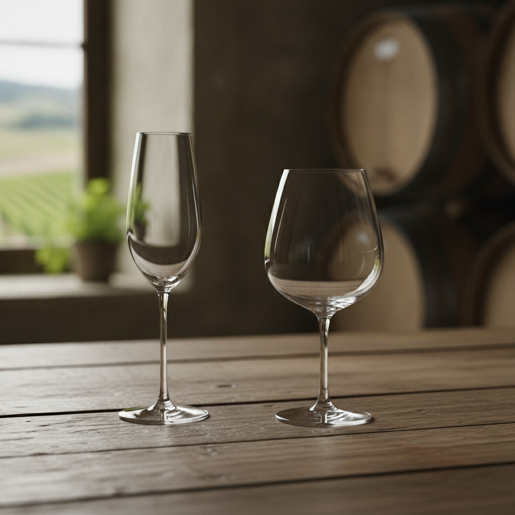 Duas taças de vinho tinto de cristal vazias, de estilos distintos, sobre uma mesa de madeira rústica. Ao fundo, um ambiente de adega com barris de carvalho e luz suave.