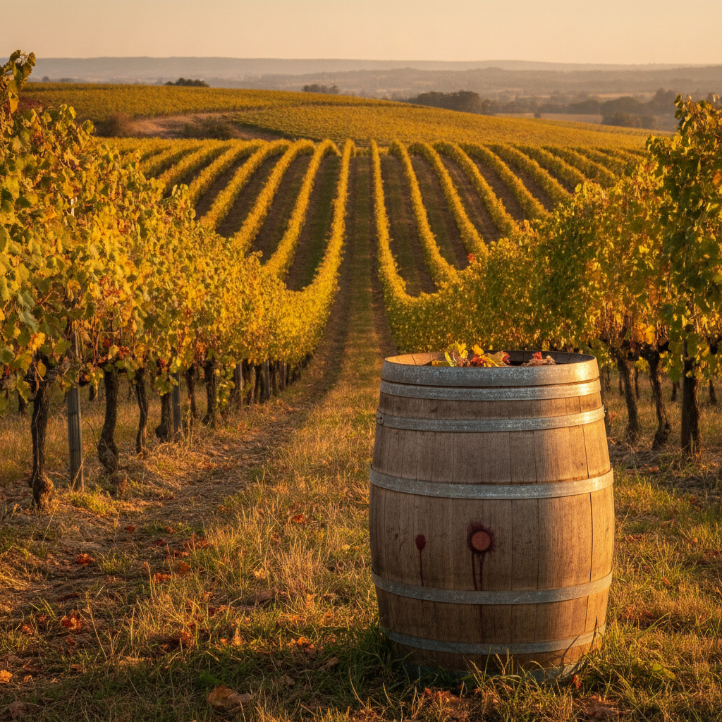 Vinhedo ensolarado ao entardecer com barris de carvalho, simbolizando a origem do vinagre de vinho tinto.