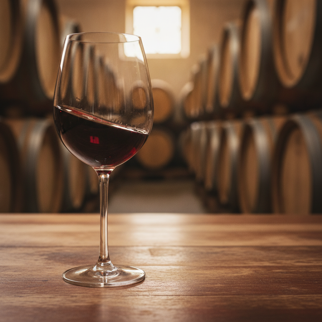 Taça de vinho tinto suave em adega rústica com barris de carvalho ao fundo, iluminada por luz suave.