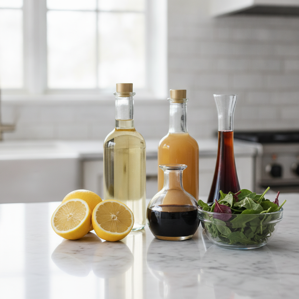 Diversas garrafas de vinagre (vinho branco, maçã, balsâmico), limões frescos e uma salada em uma bancada de cozinha, prontos para substituir o vinagre de vinho tinto.