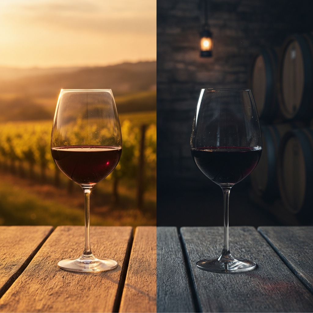 Duas taças de vinho tinto intenso, uma em vinhedo ensolarado e outra em adega escura, simbolizando Syrah e Shiraz.