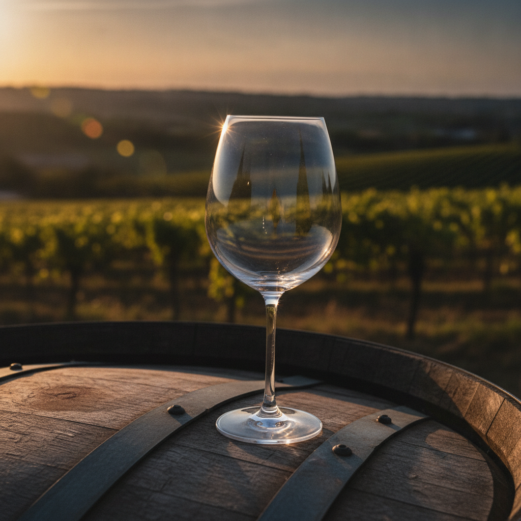 Uma taça de vinho elegante e vazia, ideal para Cabernet Sauvignon, repousa sobre um barril de carvalho em uma adega rústica, com um vinhedo desfocado ao fundo.