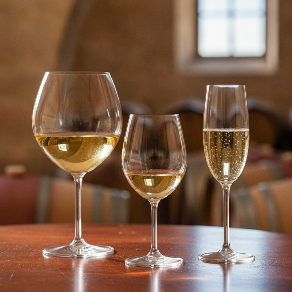 Três taças de vinho branco (para Chardonnay, Sauvignon Blanc e espumante) com vinho, dispostas elegantemente sobre uma mesa de madeira, com um fundo desfocado de adega ou vinhedo.