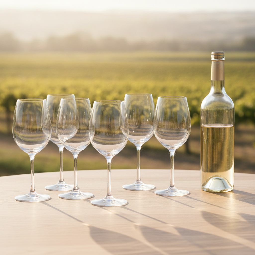 Variedade de taças de vinho branco vazias e brilhantes sobre uma mesa de madeira clara, com um vinhedo ensolarado ao fundo e uma garrafa de vinho branco.
