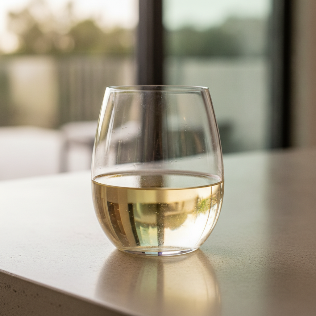 Taça de vinho branco sem haste, cheia de vinho de coloração clara, repousando sobre uma superfície lisa e moderna, com iluminação natural suave.