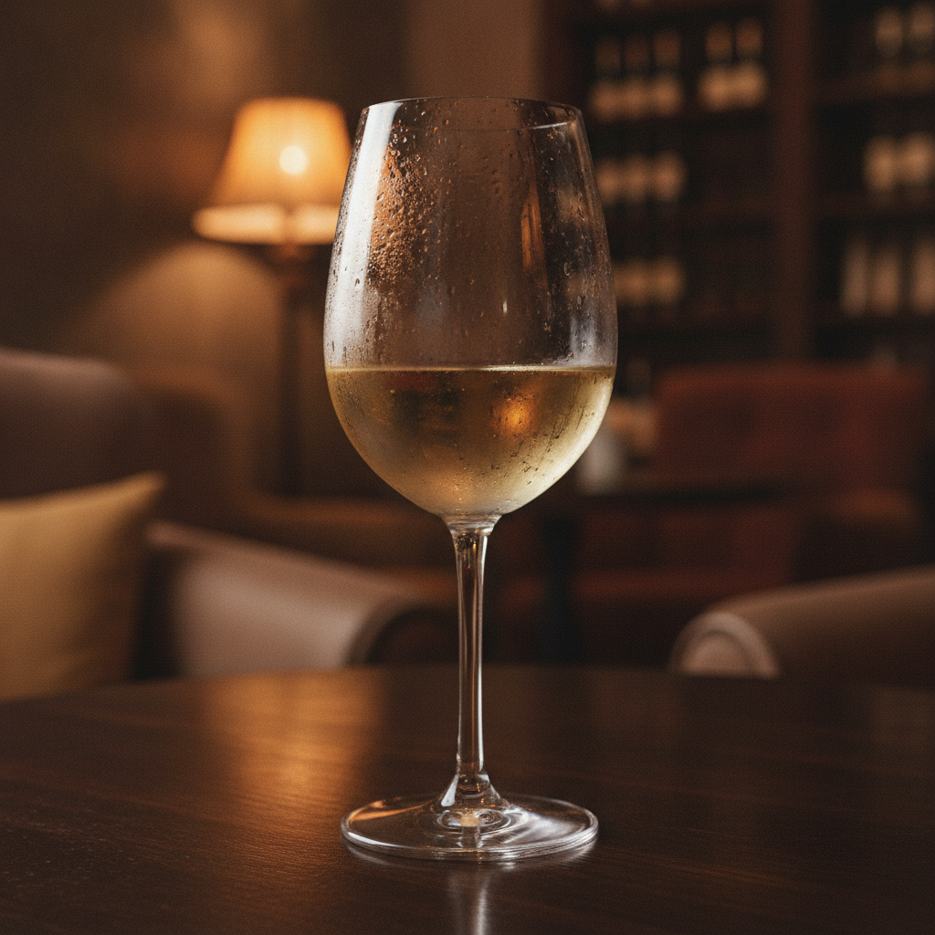 Taça de vinho resfriada com condensação, pronta para ser servida, sobre uma mesa de madeira em um ambiente acolhedor, simbolizando a temperatura ideal para o prazer da degustação.