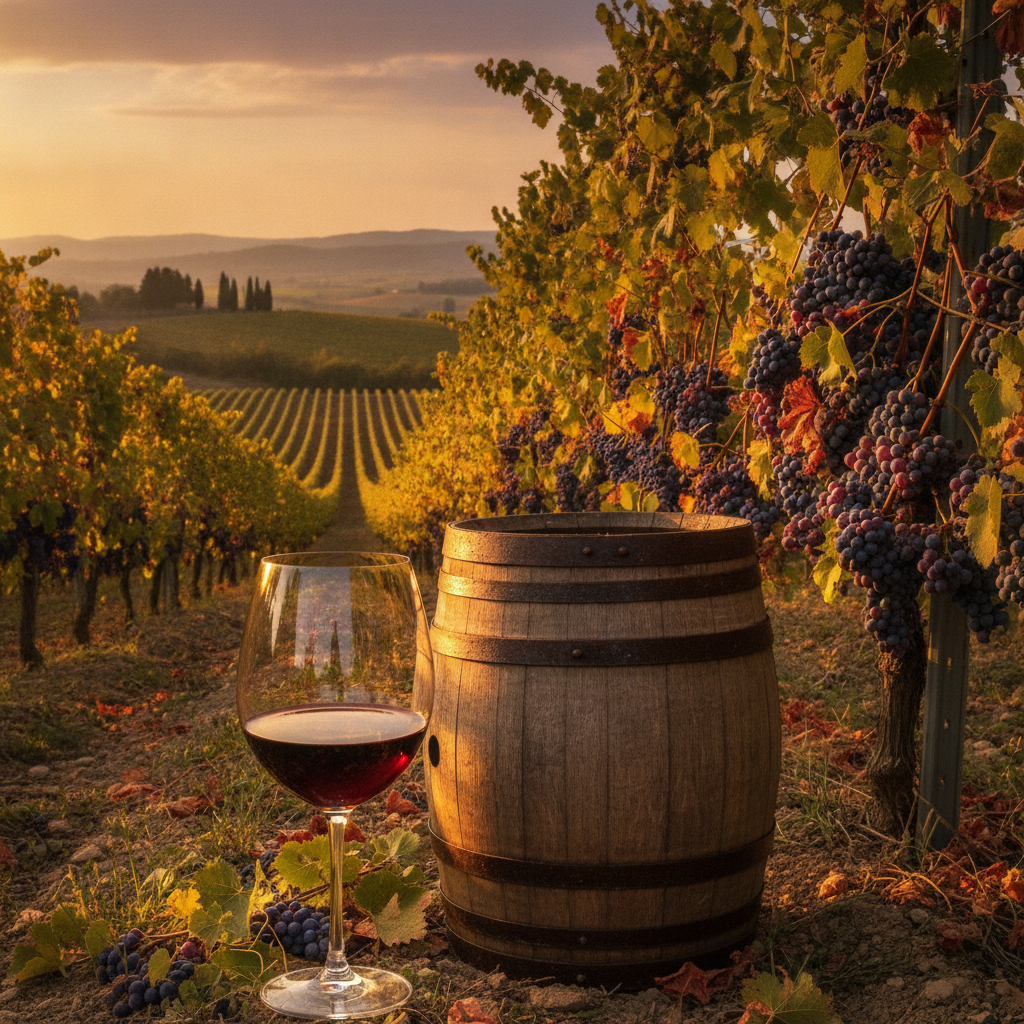 Taça de vinho tinto em um vinhedo ao pôr do sol, com barril de carvalho e videiras ao fundo.