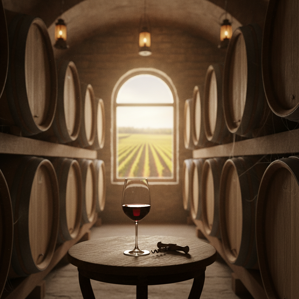 Taça de vinho tinto sobre barril de carvalho em adega rústica com vinhedo ao fundo, simbolizando vinhos de excelente custo-benefício.