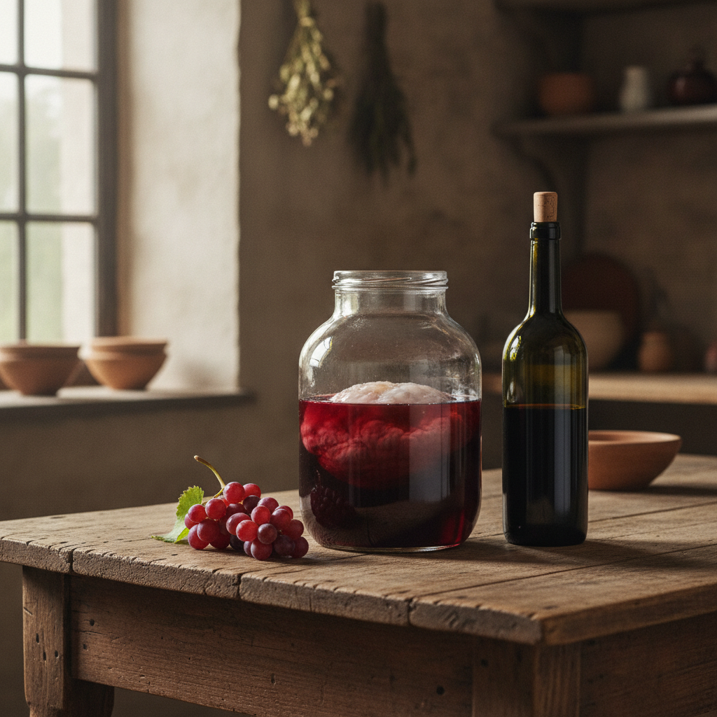 Mesa de madeira rústica em cozinha com garrafa de vinho tinto, jarra de vidro contendo vinagre em processo de fermentação e uvas vermelhas.