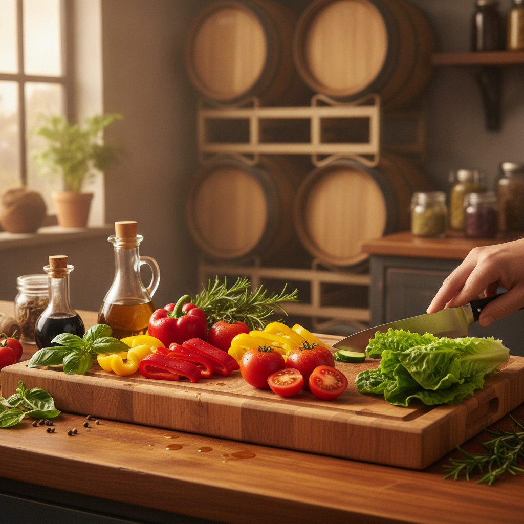 Cena de cozinha gourmet com tábua de corte de madeira, vegetais frescos e ervas aromáticas, com o fundo desfocado de barris de vinho ou uma despensa rústica, sugerindo a preparação de pratos com vinagres.