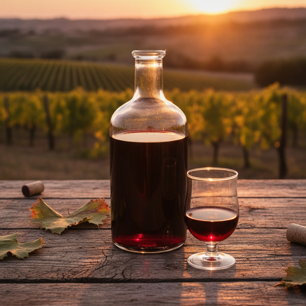 Garrafa de vinagre de vinho tinto em uma mesa de madeira rústica, com um vinhedo ensolarado ao fundo, sugerindo a origem natural e a qualidade do produto.