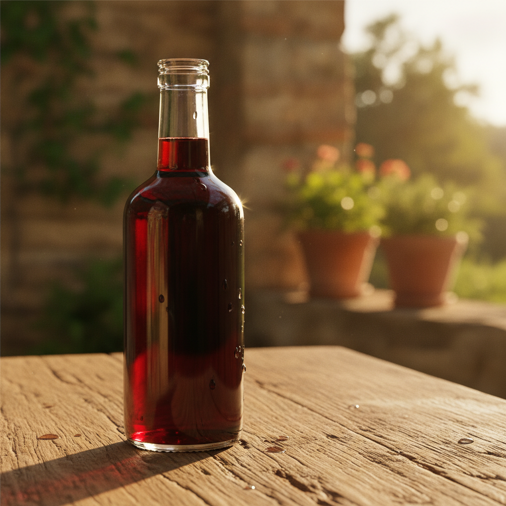 Garrafa de vinagre de vinho tinto em superfície de madeira rústica, com fundo desfocado que sugere ambiente doméstico ou jardim.