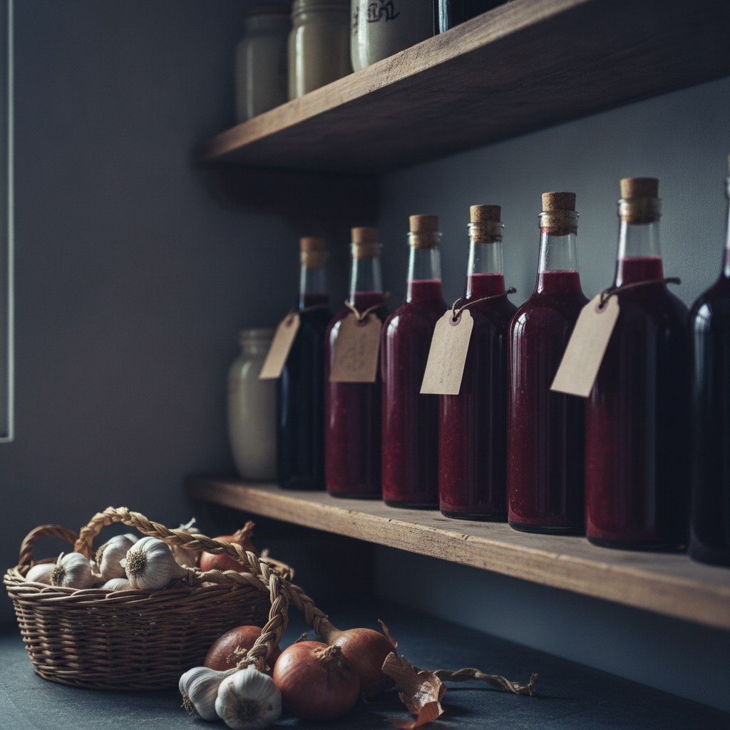 Garrafas de vinagre de vinho tinto em uma despensa escura e fresca, com vegetais ao fundo, indicando armazenamento ideal.