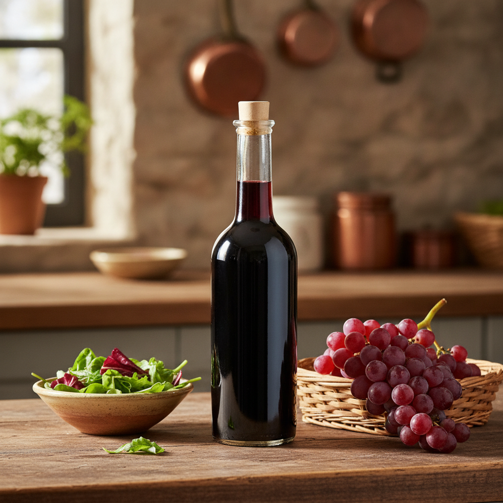 Garrafa elegante de vinagre de vinho tinto em uma bancada de madeira rústica, acompanhada por um cacho de uvas vermelhas frescas e folhas de salada verde, sob luz natural suave.