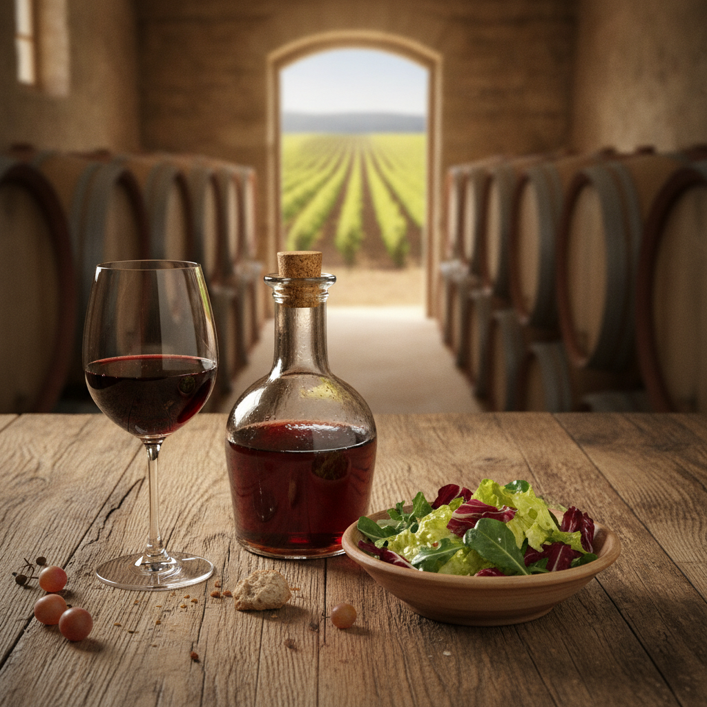 Mesa rústica com ingredientes para vinaigrette, incluindo vinagre de vinho tinto e uma taça de vinho, com barris de carvalho e um vinhedo ao fundo.