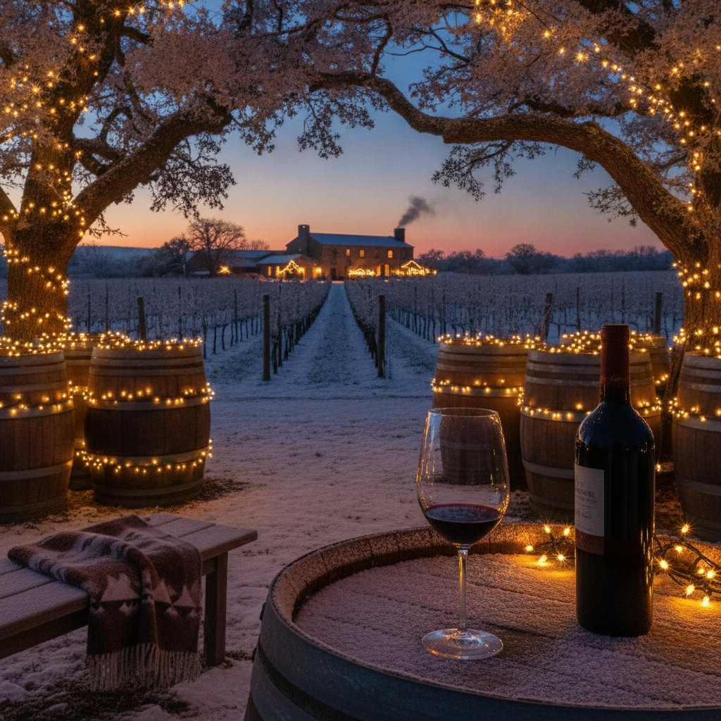Vinhedo de inverno ao entardecer com barris de carvalho iluminados e taça de vinho, sugerindo um ambiente festivo.