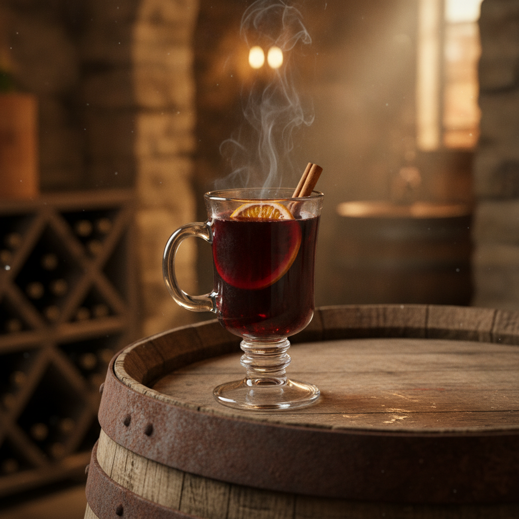 Taça rústica de vinho quente gourmet repousando sobre um barril de carvalho em uma adega aconchegante.