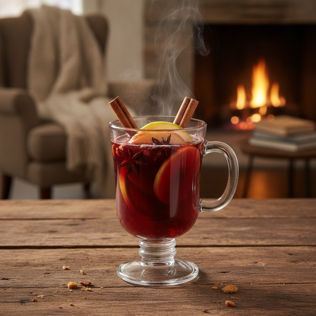 Taça de vinho quente de maçã e canela fumegante em mesa rústica, com fundo aconchegante de lareira.