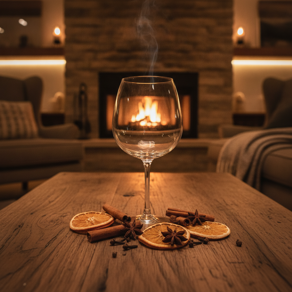 Mesa rústica com taça elegante e especiarias, em ambiente aconchegante de inverno, sugerindo um vinho quente sem álcool.