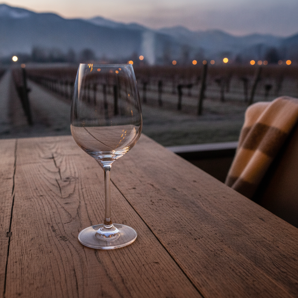 Taça de vinho vazia em mesa rústica com vinhedo ao fundo, sugerindo um ambiente aconchegante de inverno para degustação.