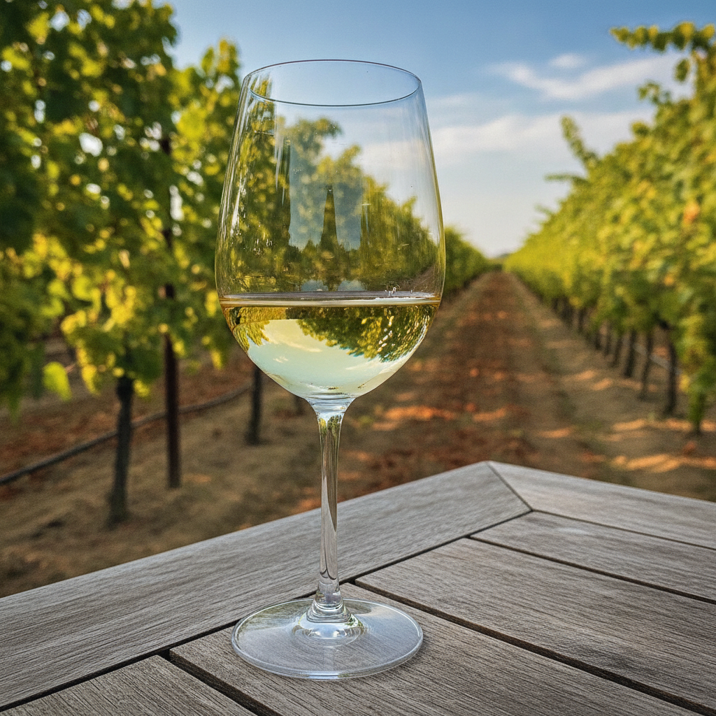 Taça elegante de vinho branco seco sobre uma mesa de madeira rústica, com um vinhedo verdejante e ensolarado ao fundo, evocando a origem natural e a experiência de degustação.