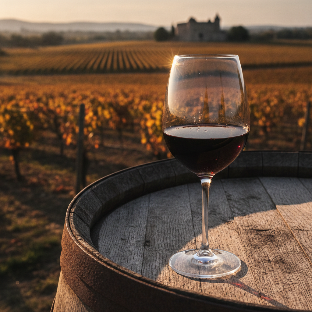 Taça de vinho tinto seco repousando sobre um barril de carvalho, com um vinhedo ensolarado ao fundo.