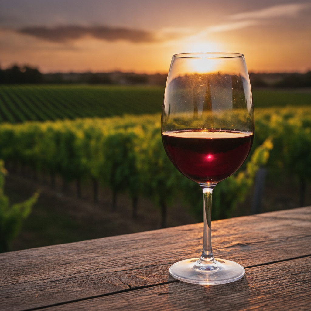 Taça de vinho tinto em mesa rústica em vinhedo orgânico ao pôr do sol.