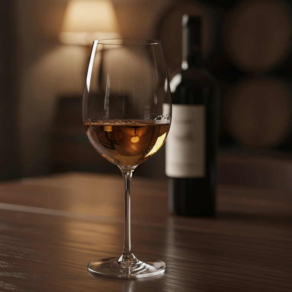Taça de vinho seco cristalina em mesa de madeira escura, com garrafa desfocada ao fundo em um ambiente sofisticado.