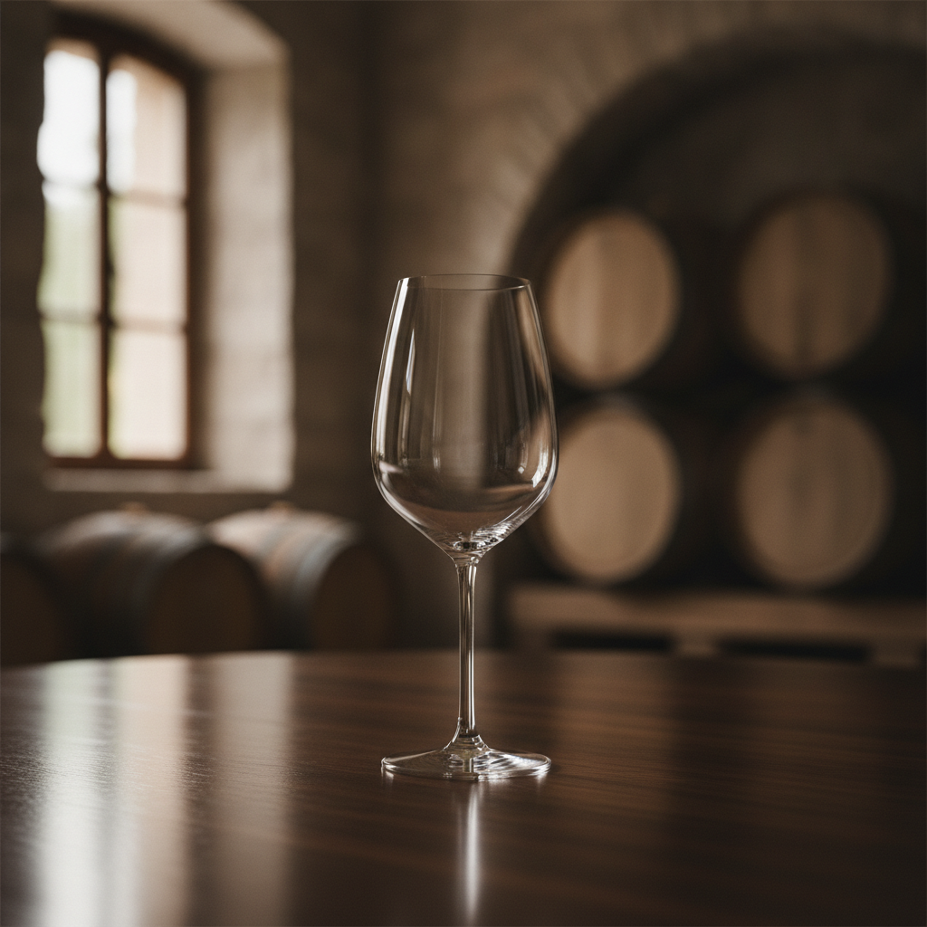Taça de vinho elegante sobre mesa de madeira, com reflexo sutil de barris de carvalho e ambiente de adega ao fundo, sugerindo uma experiência de harmonização sofisticada.